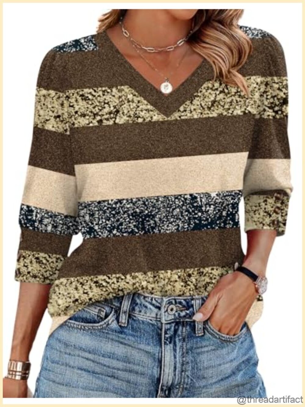 Womens 3/4 Sleeve V-Neck Button Cuff Blouse Business Work Top
